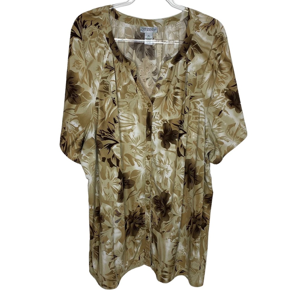 Maggie Barnes for Catherines Floral Blouse Shirt Beige Brown Button Down Size 2X